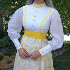 "Bright yellow and white 1970's maxi dress. Cotton blend weave, sheer but lined everywhere except the sleeves. Wide grosgrain ribbon trim at the waist. Back zip closure. So beautiful! Fits a S, please compare the measurements below with a dress you have at home that fits well. No stretch. Excellent condition overall, the last picture shows tiny spots I found on the skirt, no one else will notice! Shoulders: 14.25\" Sleeves: 24.5\" Bust: 35\" Waist: 27\" Hip: 40\" (taken on the lining, the top la 1960s Prom, The Last Picture Show, Butterfly Dress, Super Cute Dresses, Sioux Falls, Maxi Dress Cotton, Dress Cotton, Boho Maxi, Sioux