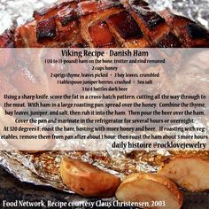 the recipe for viking recipe danish ham is shown on tin foil with potatoes and mushrooms