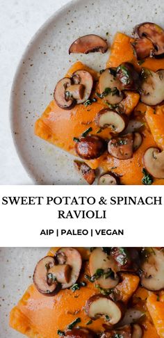 sweet potato and spinach ravioli with aip paleo vegan on a white plate