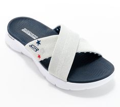 These patriotic slide sandals are ideal for all those summer days and nights. The Goga Mat footbed and UltraGO cushioning make them a treat for your feet. From Skechers. Sporty Summer Flip Flops With Ortholite Insole, Sporty Sandals With Gel Cushioning For Beach, Beach Slide Slippers With Ortholite Insole, Sporty Beach Sandals With Gel Cushioning, Sporty Beach Slides With Ortholite Insole, Sporty Summer Slides With Gel Cushioning, Summer Slides With Gel Cushioning, Ortholite Slide Sport Sandals For Vacation, White Slides With Ortholite Insole For Summer