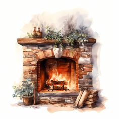 a watercolor painting of a fireplace with logs and potted plants