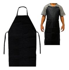 a man wearing an apron is standing in front of a white background and black apron