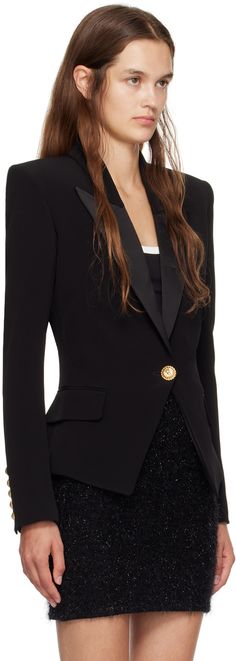 Viscose crepe blazer. · Peaked lapel · Single-button closure · Flap pockets · Padded shoulders · Five-button surgeon's cuffs · Welt pocket at interior · Full twill lining · Logo-engraved gold-tone hardware Supplier color: Noir Luxury Blazer With Lapel Collar And Button Cuffs, Designer Single Button Office Blazer, Designer Single Button Formal Blazer, Luxury Evening Blazer With Button Cuffs, Luxury Long Sleeve Career Blazer, Luxury Evening Blazer With Button Closure, Designer Formal Blazer With Button Closure, Designer Office Blazer With Button Cuffs, Luxury Single Button Office Blazer