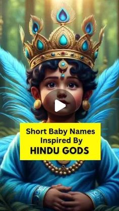 a baby angel with blue wings and a yellow sign that says short baby names inspired by hindu gods