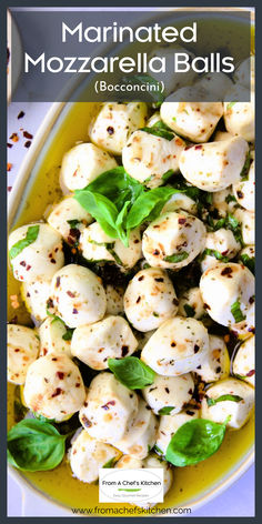 Marinated Mozzarella Balls on white oval platter garnished with fresh basil. Marinated Bocconcini Recipes, Bocconcini Appetizers, Mozzarella Cheese Balls Recipe, Bocconcini Recipes, Marinated Bocconcini, Mozzarella Balls Recipe, Marinated Mozzarella Balls, Marinated Mozzarella, Mozzarella Balls