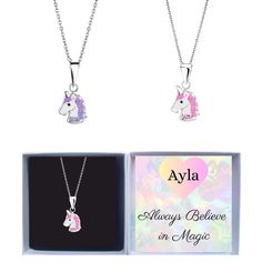 "These Sterling Silver Unicorn necklaces are a perfect gift for little unicorn fans! Each box is personalised with your child's name 14\" chains for ages 3 - 7, 16\" chains for ages 7+ Beautifully presented in a branded box and bag." Pink Hypoallergenic Charm Necklace For Gift, Personalized Pink Necklaces For Best Friend Gift, Hypoallergenic Pink Charm Necklace For Gift, Personalized Pink Novelty Necklaces, Silver Necklace With Gift Box For Birthday, Silver Necklace For Birthday, Personalized Charm Necklace For Birthday, Personalized Novelty Charm Necklace For Birthday, Custom Name Novelty Jewelry For Birthdays