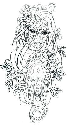 a drawing of a girl with roses on her head and a lantern in the middle