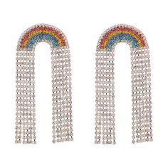 Featuring a multi-colored, crystal rainbow stud top and rows of crystal fringe, the Allegra Crystal earring will effuse your look with an immediate does of cheer. Size: one size.  Color: Metal Type.  Gender: female.  Age Group: adult. Multicolor Crystal Earrings With Rhinestones, Multicolor Crystal Earrings With Sparkling Stones, Multicolor Bling Crystal Earrings, Artsy Earrings, Crystal Fringe, Apple Earrings, Crystal Rainbow, Striped Earrings, Amrita Singh