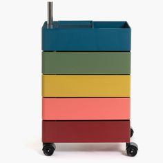 a multicolored cart with wheels on it