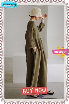 Loose Linen Maxi Dress with Side Pockets Vintage Spring Dresses In Solid Color, Spring Khaki Long Sleeve Maxi Dress, Khaki Long Sleeve Midi Dress For Spring, Long Sleeve Khaki Midi Dress For Spring, Khaki V-neck Dress With Pockets, Khaki Spring Dress With Pockets, Khaki Spring Dresses With Pockets, Spring Khaki Dresses With Pockets, Chic Long Sleeve Linen Dress With Pockets