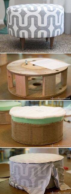 the steps to make a diy ottoman that is made out of wood and fabric