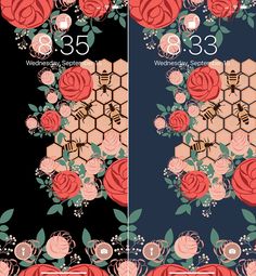 two iphone screens with flowers and bees on them