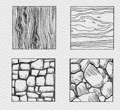 four different types of wood and rocks in black ink on white paper, each with an image