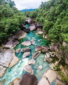 a river running through a lush green forest filled with lots of rocks and water surrounded by trees