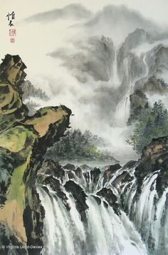 Chinese Waterfall, Rocky Waterfall, Green Rocks, Chinese Painting Flowers, Waterfall Painting, Chinese Drawings, Asian Landscape, Waterfall Paintings, Mountain Landscape Painting