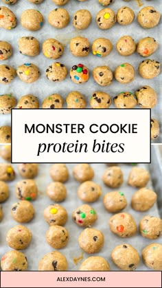 monster cookie protein bites on a baking sheet with the title text overlay reads monster cookie protein bites