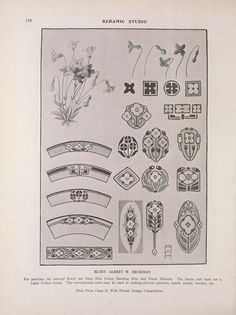 an old book with many different designs on it's pages, including flowers and leaves