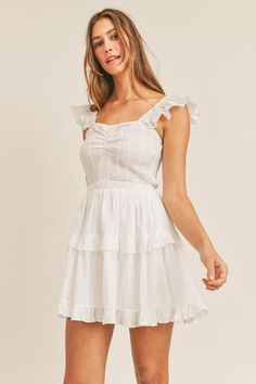 -Color: Off White -Sleeveless -Dotted swiss -Ruffle tier -Smocked bodice -Content: Self 100% Cotton; Lining 100% Rayon -Hand wash/Line dry -Imported -Model is 5'9" and wearing a size Small Sorority Recruitment Outfits, Summery Outfits, Recruitment Outfits, Summer Mini Dress, Swiss Dot, Mini Dresses Summer, White Sleeveless, Ruffle Sleeves, Beach Babe