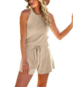 PRICES MAY VARY. These women's lounge set are knit, slight strtech and easy on the skin, will keep you from daily stresses and provide you a soft and comfortable. Top: sleeveless, halter neck, relaxing fit casual tank tops. Shorts: Tie knot front, Drawstring waist, plain color shorts for women and girl. The 2 piece shorts set is suit for casual, daily, shopping, beach, vacation, home wear, etc Machine washable, better hand wash in cold water; Do not bleach; Hang flat to dry. 2 Piece Women Lounge Lake House Outfits, Womens Lounge Outfits, Key West Outfits, Cruise Vacation Outfits, Halter Outfit, Coastal Cowgirl Bachelorette, Retro Overalls, Nanny Outfits, Romper Plus Size