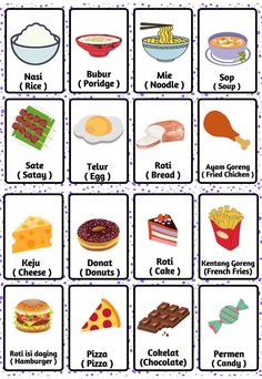 an english flash card with pictures of different foods and words on it, including cheese, bread