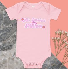 All Smiles for Mama onesies come in 0-3, 3-6, 6-9, and 9-12 month clothing. Comes in light pink, white, dark grey, light grey and black. The print is either pink or purple. Fur Mama, Grey Light, All Smiles, Gender Neutral Baby, Baby Bodysuit, Pink White, Dark Grey, Onesies, Light Pink