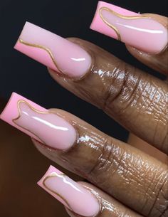 Long Acrylic Nail Designs, Colored Acrylic Nails, Gold Nail, Girly Acrylic Nails, Short Square Acrylic Nails, Long Acrylic Nails Coffin, Acrylic Nails Coffin Pink, Unique Acrylic Nails, Pink Nail Designs