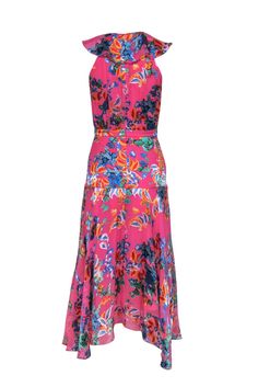 To say this bright and bold Saloni frock has some serious flower power is an understatement! Created in a flowy maxi silhouette with a soft satin textured floral print, this ruffled beauty is here to help you stand out at all your warm weather festivities! From brunch parties to bridal showers and beyond, pair this silky stunner with woven wedges and a colorful clutch and you'll be looking fab and fresh wherever you go! Size 2 Shell: 42% Silk, 58% Rayon Lining: 100% Polyester Concealed back zipp Multicolor Silk A-line Maxi Dress, Feminine Silk Maxi Dress For Spring, Pink A-line Maxi Dress For Spring, Flowy Maxi Dress With Floral Print, Spring Floral Print Maxi Dress With Flowy Skirt, Elegant Silk Dresses With Vibrant Print, Elegant Silk Dress With Vibrant Print, Flowy Silk Maxi Dress, Pink A-line Maxi Dress With Floral Print