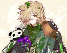 a drawing of a person holding a teddy bear and wearing a green jacket with panda bears on it