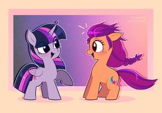 two little ponys standing next to each other in front of a purple and pink background