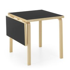 a small table with a black top and wooden legs on the bottom, against a white background