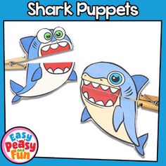 two shark puppets are being used to teach children how to draw