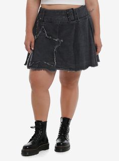 Rock the stage in this pleated  denim skirt! Keep the edgy vibes going strong this summer in this piece! Featuring a frayed hem and frayed star patch on the front. Comes with a belt with two rows of grommets.Please note: Style is fitted with no stretch; size up for a looser fit.100% cottonWash cold; dry lowLength: 18''ImportedModel is 5'9''Model wears size 1 Punk Style Cotton Mini Denim Skirt, Edgy Cotton Mini Denim Skirt, Punk Style Cotton Bottoms With Frayed Hem, Punk Cotton Bottoms With Frayed Hem, Edgy Cotton Denim Skirt For Summer, Edgy Denim Skirt With Frayed Hem For Summer, Edgy Cutoff Skirt For Summer, Rock Style Cotton Skirt For Spring, Spring Cotton Rock Style Skirt