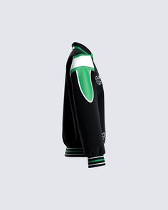 Captain of the bad b*tches 😘 Lead your team in style with this black and green varsity jacket Team Spirit Varsity Jacket For Sports Events, Black Long Sleeve Outerwear For Game Day, Sporty Green Track Jacket With Ribbed Cuffs, Green Sporty Track Jacket With Ribbed Cuffs, Casual Black Outerwear For Game Day, Black Varsity Jacket For Game Day In Winter, Black Varsity Jacket For Game Day In Fall, Black Winter Varsity Jacket For Game Day, Team-colored Long Sleeve Track Jacket For College