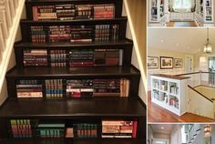 there is a set of stairs with books on the top and bottom shelves below it