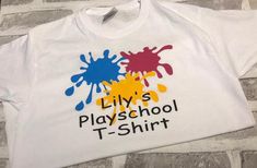 ⭐️⭐️⭐️PLEASE NOTE THAT ORDERS OF THIS ITEM WILL NOT BE DISPATCHED UNTIL THE 30TH AUGUST⭐️⭐️⭐️Kids Personalised T Shirt for nursery or messy play sessions. Keep the normal clothes clean and order these for nursery and messy play days.Choose from age:1-2 years2-3 years3-4 years4-5 yearsPlease specify the colours of paint splats and the name required for the T Shirt at the time of ordering. Playful White Tops For School Events, Fun Crew Neck T-shirt, White Fun Style T-shirt For Playtime, Playful Letter Print T-shirt For School Events, Fun White T-shirt For School Events, Playful Graphic Print T-shirt For School Events, Playful Graphic Print T-shirt, Fun Multicolor T-shirt For School Events, Letter Print T-shirt For End Of School Year Playtime