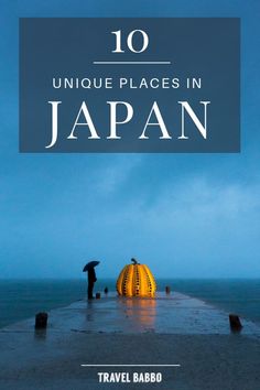 an umbrella sitting on top of a pier next to the ocean with text overlay reading 10 unique places in japan