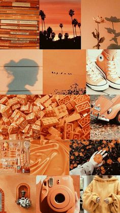 an orange collage with different images and objects