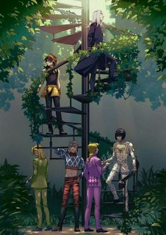 four people standing on top of a metal structure in the forest with trees and foliage