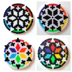 three different designs of beaded coasters on a white surface, one is black and the other is multicolored