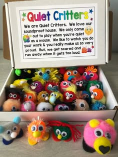 "QUIET CRITTERS - Box filled with rhyming poem affixed to the lid of the box .  Box is approx. 6 3/4 x 4 1/4 inches Adorable Behavior management tool for teachers with in person learning or those in a homeschooling setting, or for parents & grandparents at home :) Box has cute poem on the lid to read to the children explaining how that the critters only come out and sit on their desks when a student is quiet and will go back in the box when it gets too loud.  Kids love sitting them on their desk Behaviors In The Classroom, Education Tools, Pom Pom Arts And Crafts, Teacher Behavior Management, Preschool Student Gifts, Books For Elementary Students, Student Teacher Student Gifts, Gifts To Students From Student Teacher, Slap Bracelets And Stuff For A Prize Box For A Teacher To Get For This Students