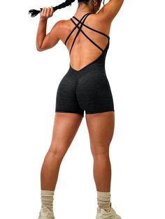 Description: Stand out in the gym with our rompers! Featuring a booty enhancing scrunch with an open back design, our Low V Back Scrunch Romper is guaranteed to be a head turner. All of our rompers & jumpsuits are made out of high quality blends of nylon and are guaranteed to shape your figure while providing high comfort and sweat resistance. Sizing: True to size Color: Charcoal Stretch Activewear With Ruched Back For Workout, Workout Activewear With Ruched Back And Stretch, Black Backless Bodysuit For Gym, Athleisure Activewear For Workout With Solid Back, Backless Stretch Activewear For Gym, Sporty Backless Workout Activewear, Backless Athleisure Jumpsuits And Rompers For Workout, Backless Summer Activewear For Gym, Backless Summer Gym Activewear