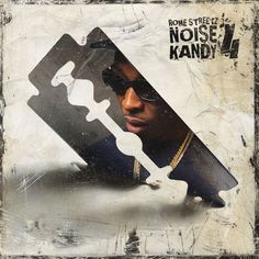 a man holding a knife in front of his face with the word noise kandy on it