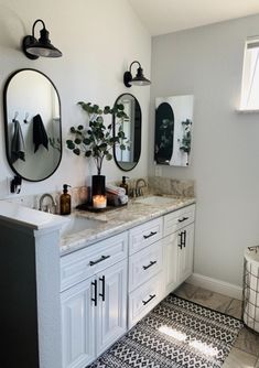 a bathroom with two sinks, mirrors and plants on the counter top in front of it