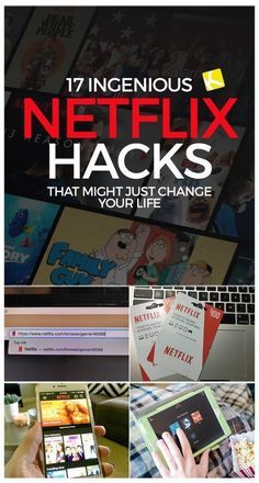 a person holding a cell phone in front of a laptop computer with the title 17 ingenious netflix hacks that might just change your life