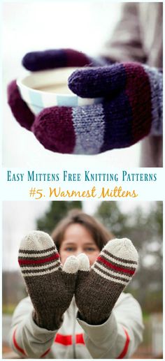 three different knitted mittens with text overlay that says easy mittens free knitting patterns