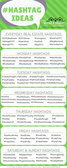 a green and white poster with the words hashtag ideas written in different languages on it