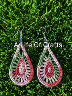 Beautiful handmade crochet earrings, perfect for any occasion, lightweight and crafted with care. These teardrop shape earrings are made with 100% Acrylic crochet thread, using Silver Fish Hook.  They are stiffened so they will maintain their beautiful shape.  These crochet Dangle & Drop earrings will become one of your favorite accessories.  Drop length is 2.75 inches. The color options are endless! Select the drop down to see what's in stock! Some of the designs include a small charm. Crafted with love in a smoke free, pet free environment. **Visit my shop for more cute items** Handmade Teardrop Earrings For Festival, Summer Teardrop Earrings With Ear Wire, Handmade Teardrop Earrings For Beach, Bohemian Teardrop Earrings For Summer, Handmade Dangle Teardrop Earrings For Summer, Handmade Multicolor Teardrop Earrings, Handmade Bohemian Teardrop Earrings For Beach, Handmade Teardrop Dangle Earrings For Summer, Bohemian Handmade Teardrop Earrings For Beach