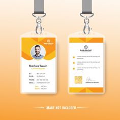 two id cards with lanyards attached to each other on an orange and yellow background