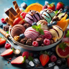 a bowl filled with different types of ice cream and fruit on top of a table