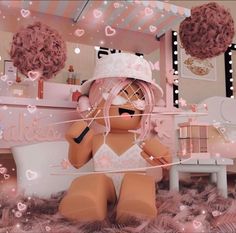 an animated doll sitting in front of a mirror with bubbles around her head and hair